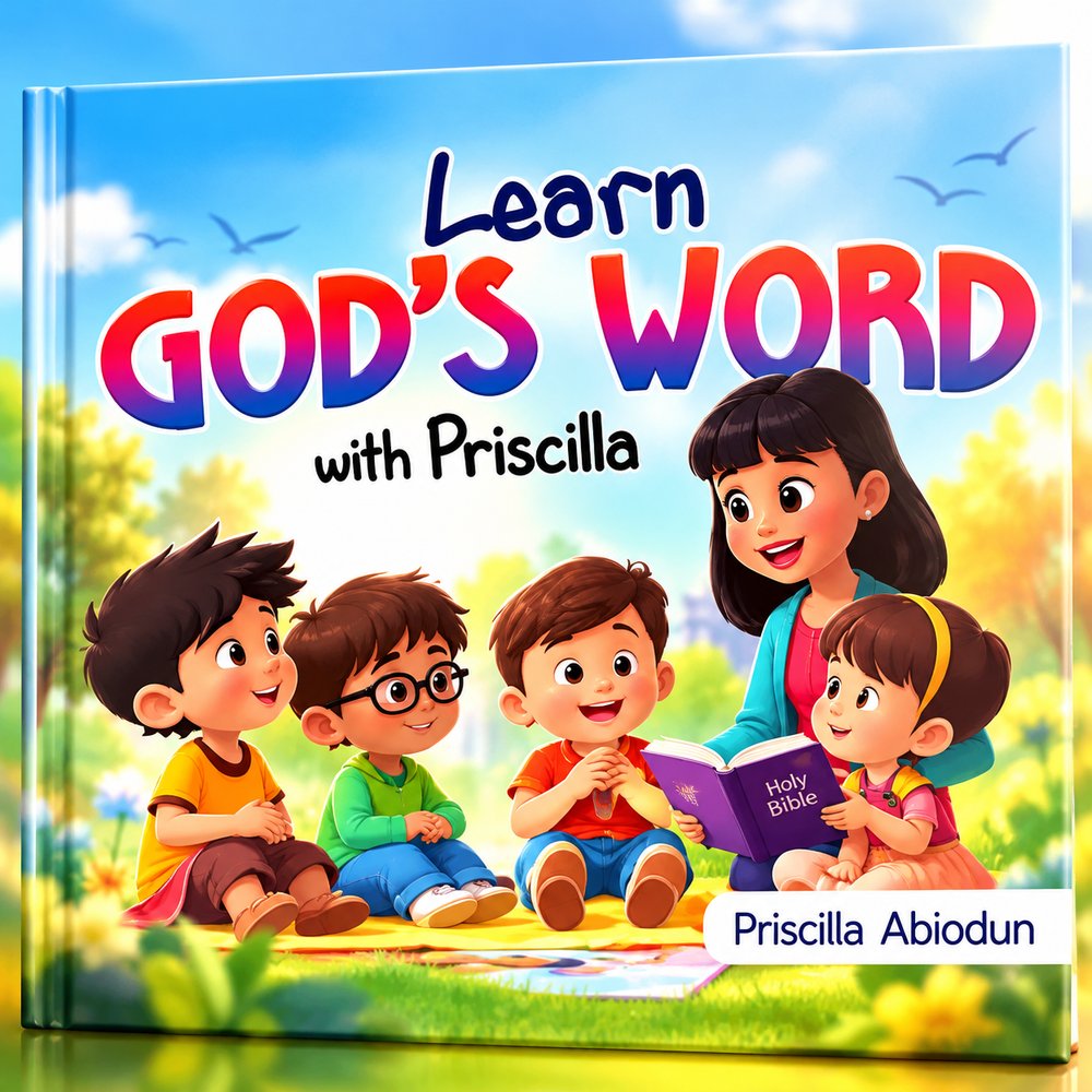 Cover of "Learn God's Word with Priscilla" by Priscilla Abiodun: a teacher reading the Holy Bible to four smiling children in a sunny park