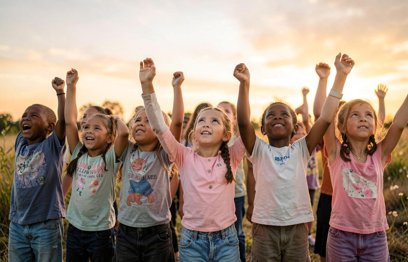 Children outdoors with hands raised in worship at golden hour