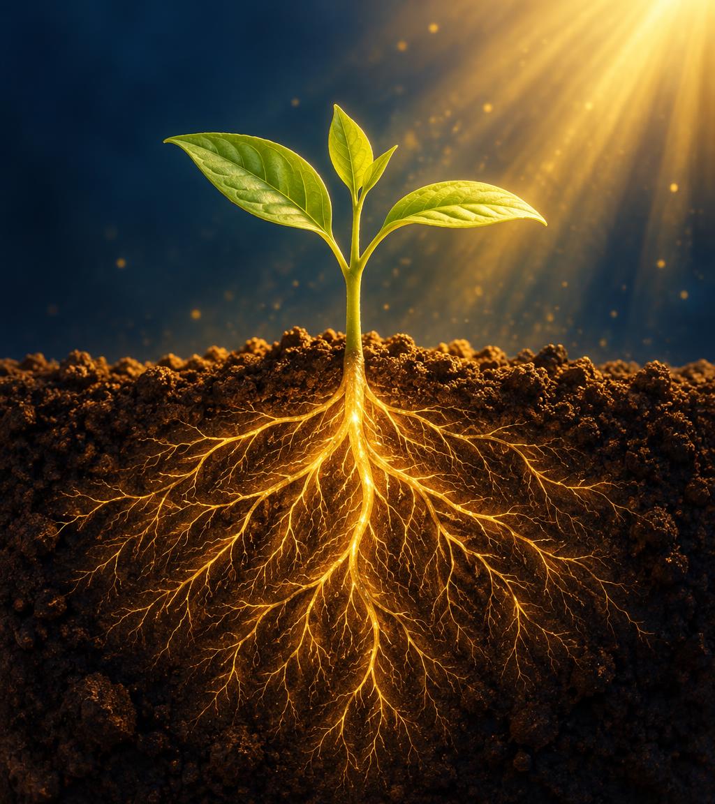 A young seedling growing upward with strong golden roots spreading deep beneath the soil