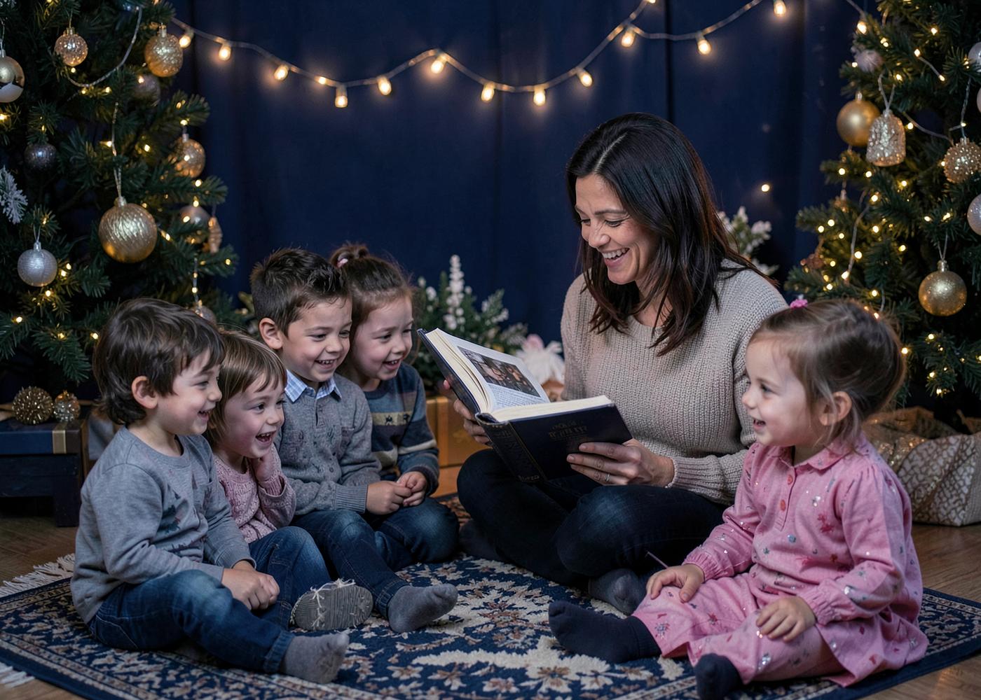Children listening to a Bible story read aloud in a warmly lit December setting